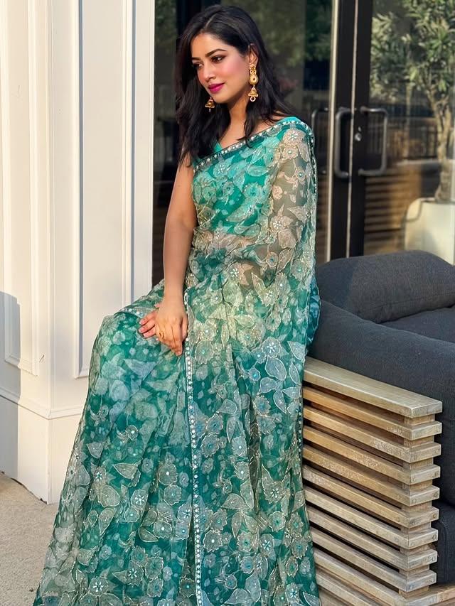 Blue Hour — teal floral organza saree editorial