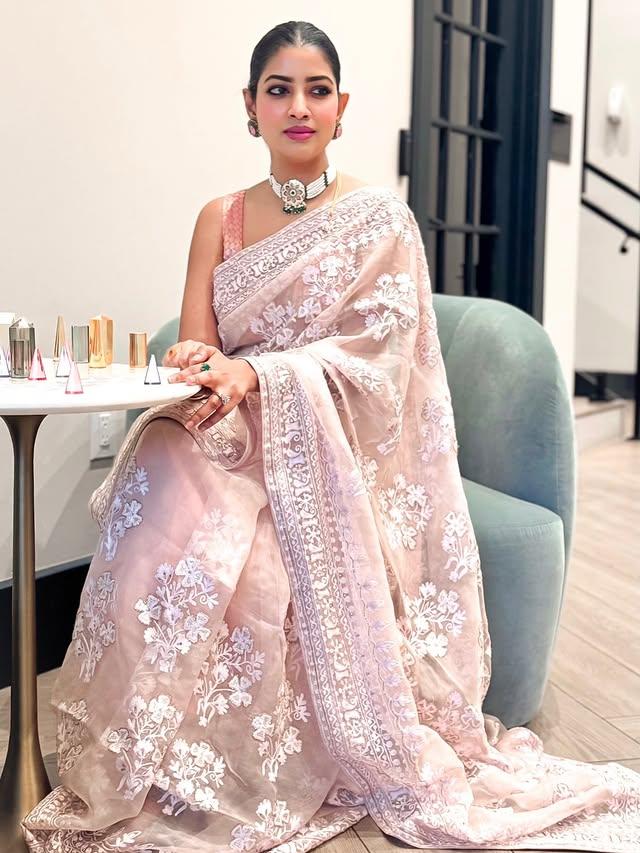 Rose Dust — blush pink chikankari saree with pearl jewellery